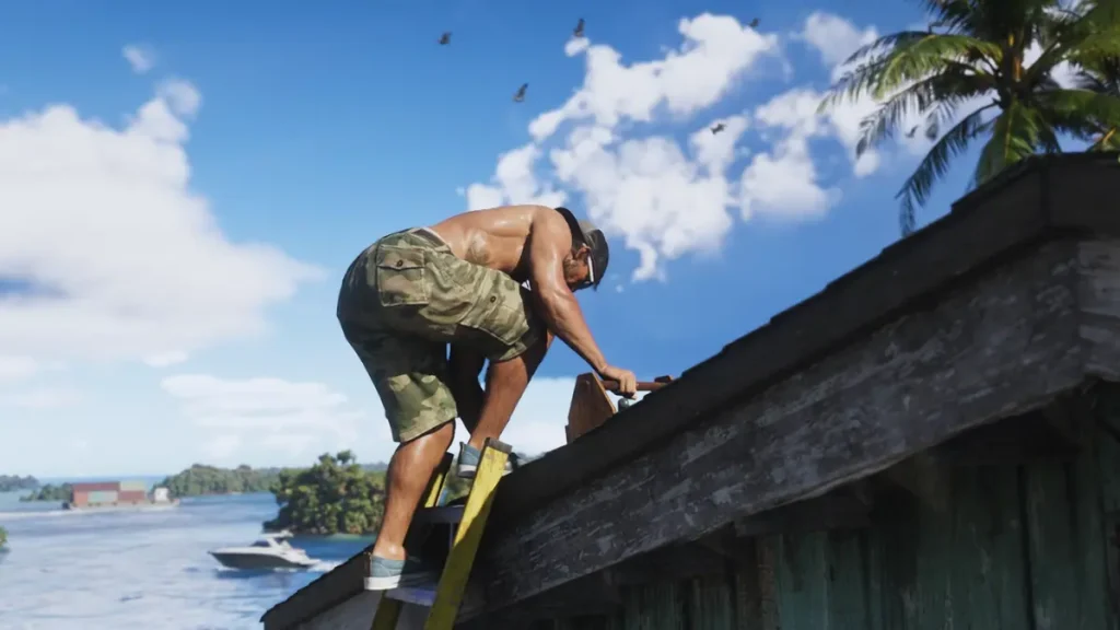 Will GTA 6 Day-Night Cycle Impact gameplay events? GTA 6’s Jason repairing a rooftop using a hammer in a close-up shot from Trailer 2, set in a tropical Vice City location.