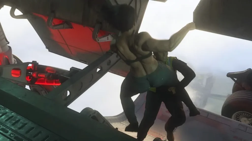 Lucia fights a man inside an airplane landing gear bay in a high-altitude action scene from GTA 6 Trailer 2